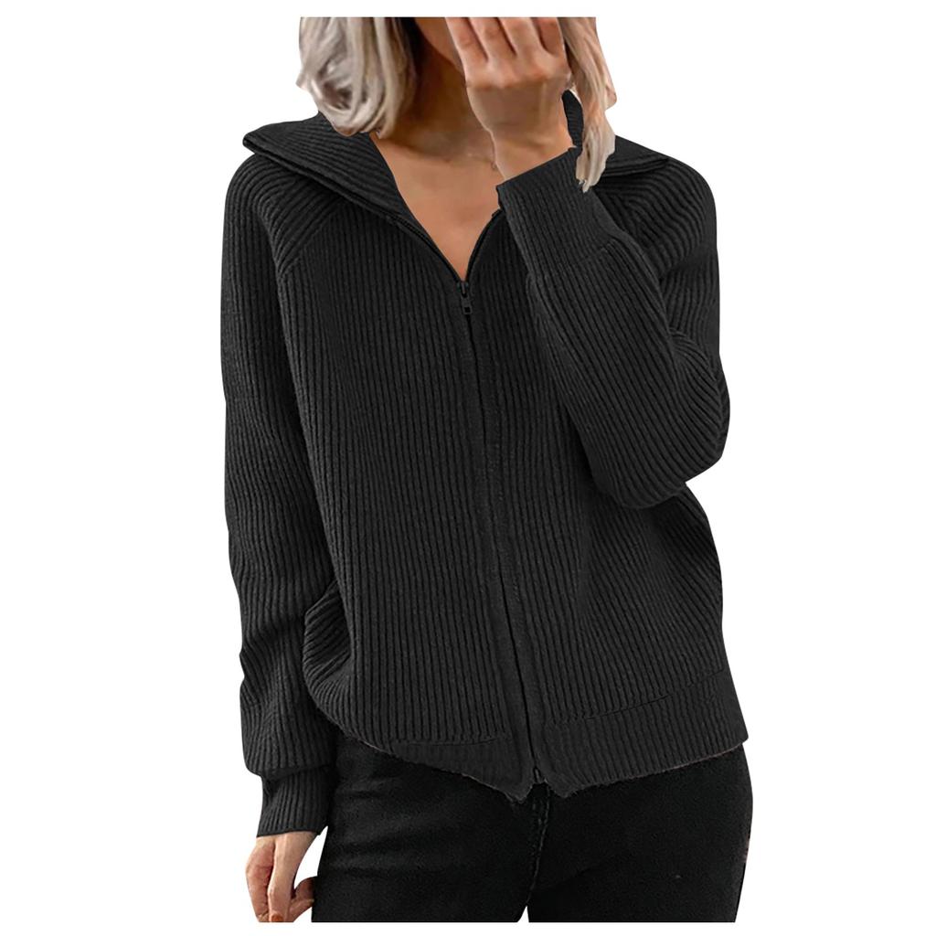 Kvinners uformelle solid stripe løs strikket glidelås cardigan langermet jakkeslag