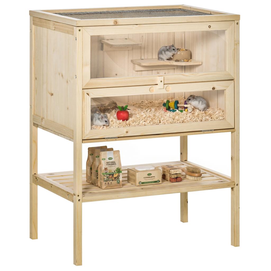 Wooden Hamster Cage, 3-Level, Platforms, Ladders, Window, Opening Roof, 60 x 40 x 80 cm, Natural