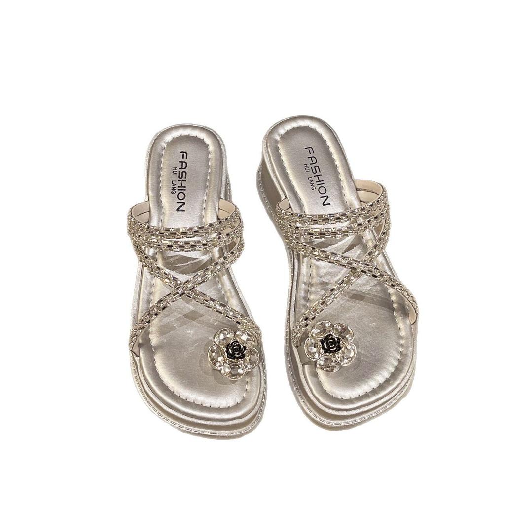 Pearl Rhinestone Sandals Slippers Women's Summer Wear Pinch Feet Fat Wide Set Toes French Roman Beach Platform Wedge Sandals