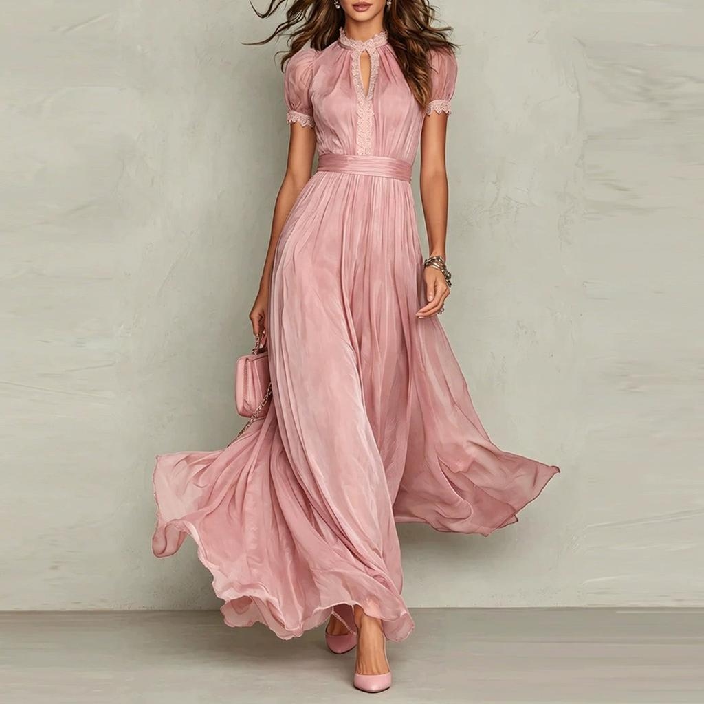 Women's High Neck Lace Panel Chiffon Dress Flowy Elegant for Party