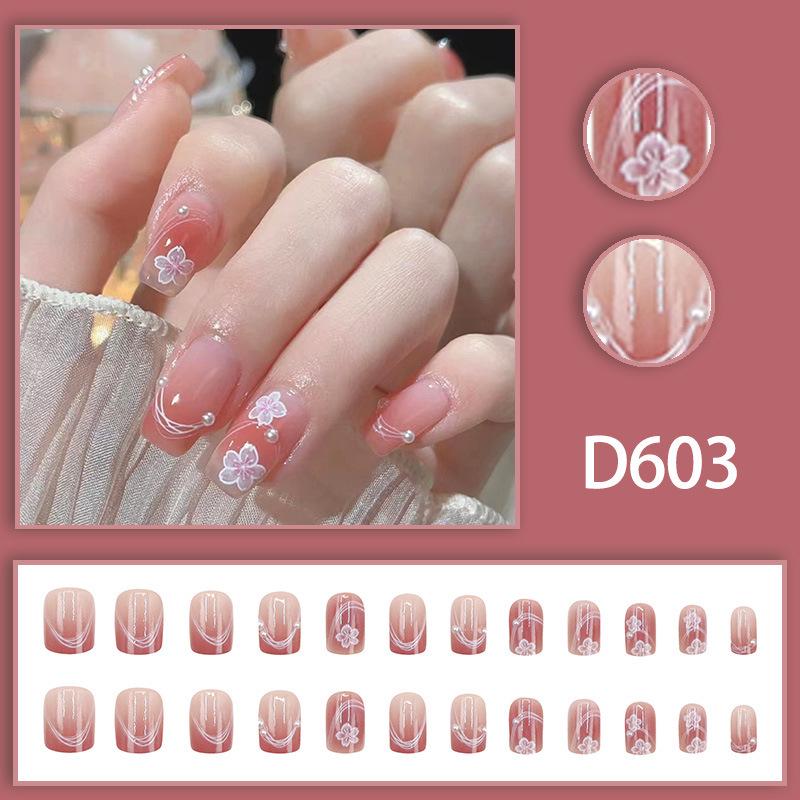 Simple Pink Cherry Blossom Line Nail Art Tips with Cute Pearl Accents