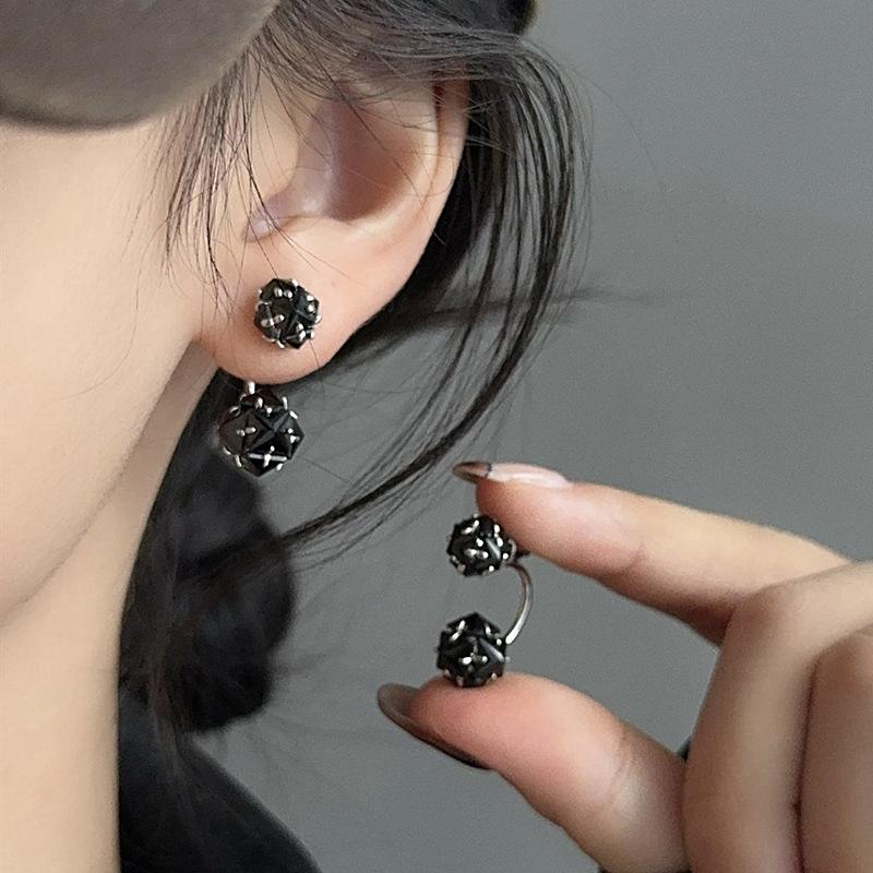Black Zircon Two Wearing S925 Silver Needle Stud Earrings Niche Light Luxury Earrings Tide Earrings