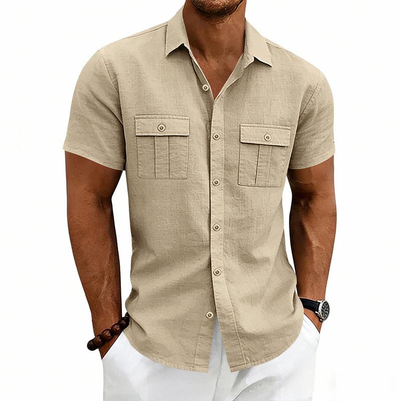 Men's Linen Cargo Short Sleeve Shirt, American Style Casual Double Chest Pocket Loose Button Down Tops for Men