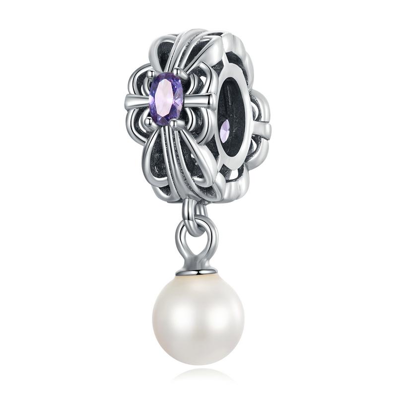 Bamoer 925 Sterling Sølv Vintage Tekstur Lilla Zirkonium Anheng passer Kvinner DIY Armbånd & Armring Perle Glansfulle Perle Charms