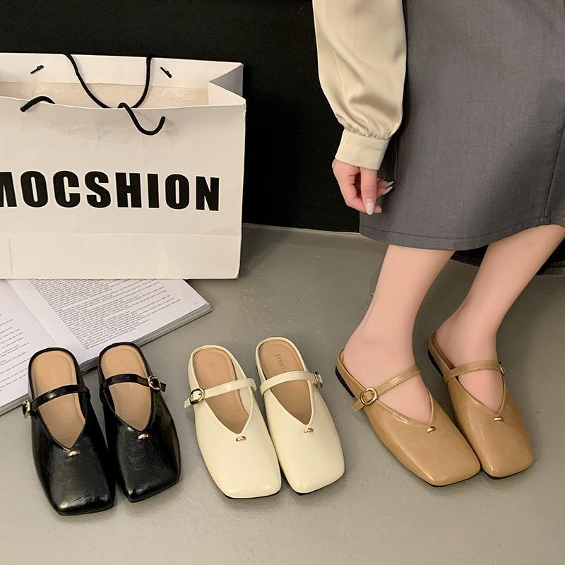 Flat-bottomed Mary Jane Bag Head Half Slippers Women's Outer Wear Spring New Soft-soled Square Head Shoes Sandals