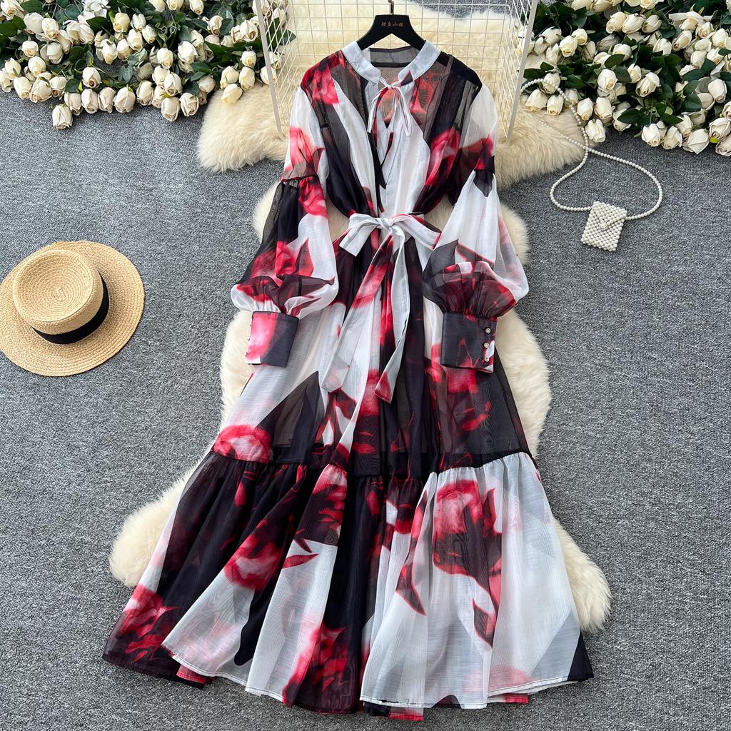 Sexy Long Sleeve Mesh Sweet Print Dress Chic Vintage Evening Party Club  Women Chic Summer Beach Long Dresses
