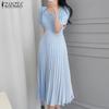 ZANZEA Women Casual V-Neck Short Sleeve Summer Pleated Long Dress