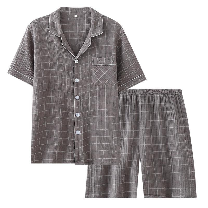 Plaid non imprimé été nouveau coton pur hommes fil crêpé manches courtes short costume simple vêtements de détente