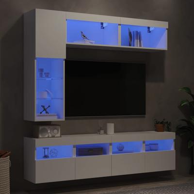Vidaxl 7-Cz. Set of Wall-Mounted TV Cabinets with LED Lighting, White