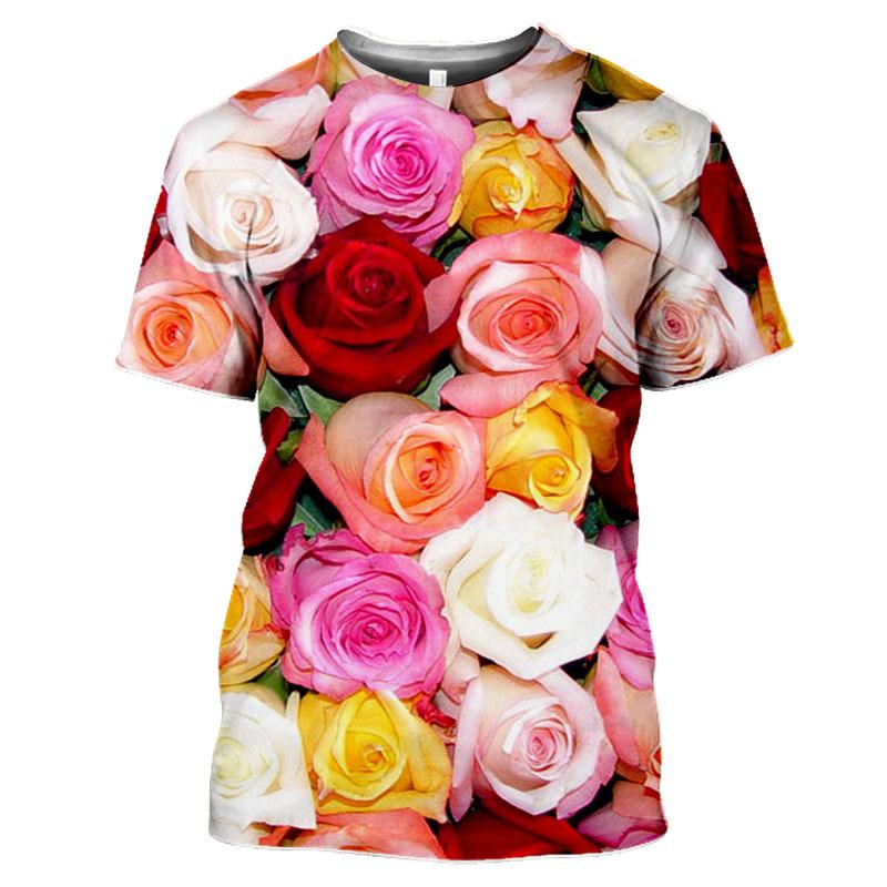 Summer Round Neck 3D Flower Pattern Printed Top Fashionable Casual Short Sleeved Women's T-shirts