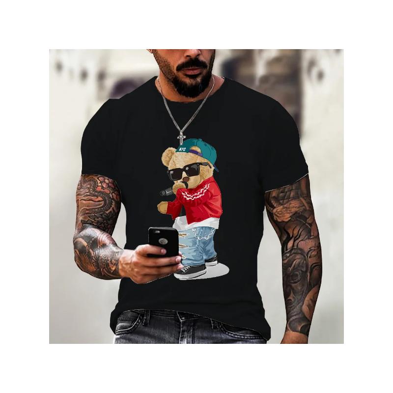 New Teddy Bear Printed Men's T-shirt Casual Round Neck Short Sleeve Summer Street Trend Hip Hop Harajuku Round Neck Large T