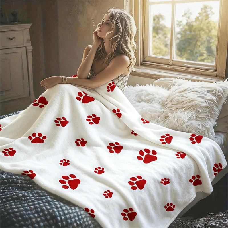 Red Paw Prints White Flannel Blanket Perfect for Sofa Office Bed Travel Sleep Read Relax Camping Four Season Use