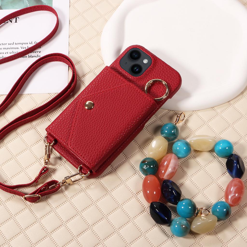 Faux Leather Colored Stone Cord Phone Case for IPhone16 15 14 13 12 11 Pro Max 7 8 Series with Mirror, Card Slot, Stand Function