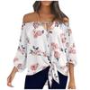 Women's Summer Fasion Loose Print Long--sleeve Bow Tie Neckline Bandage  Top