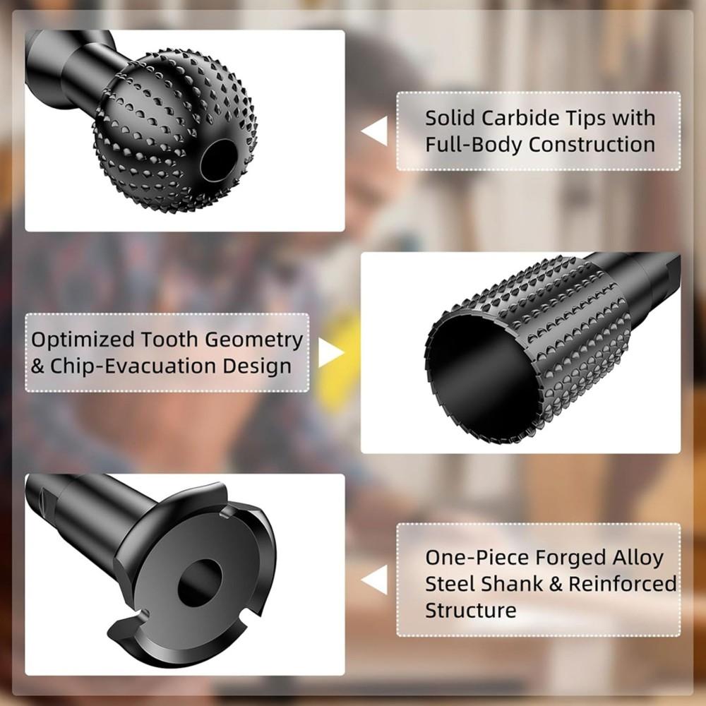 B97A-Rotary Burr& Rasp Set-8Pcs Ball Gouge In 3-PC 5/8-11 Sphere& 5-PC 1/4" Hex Shank For Wood For Angle Grinder& Drill