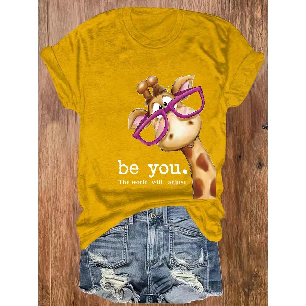

Be You The World Will Adjust Women s Tee - Cute Giraffe With Glasses Graphic, Casual Green Top S