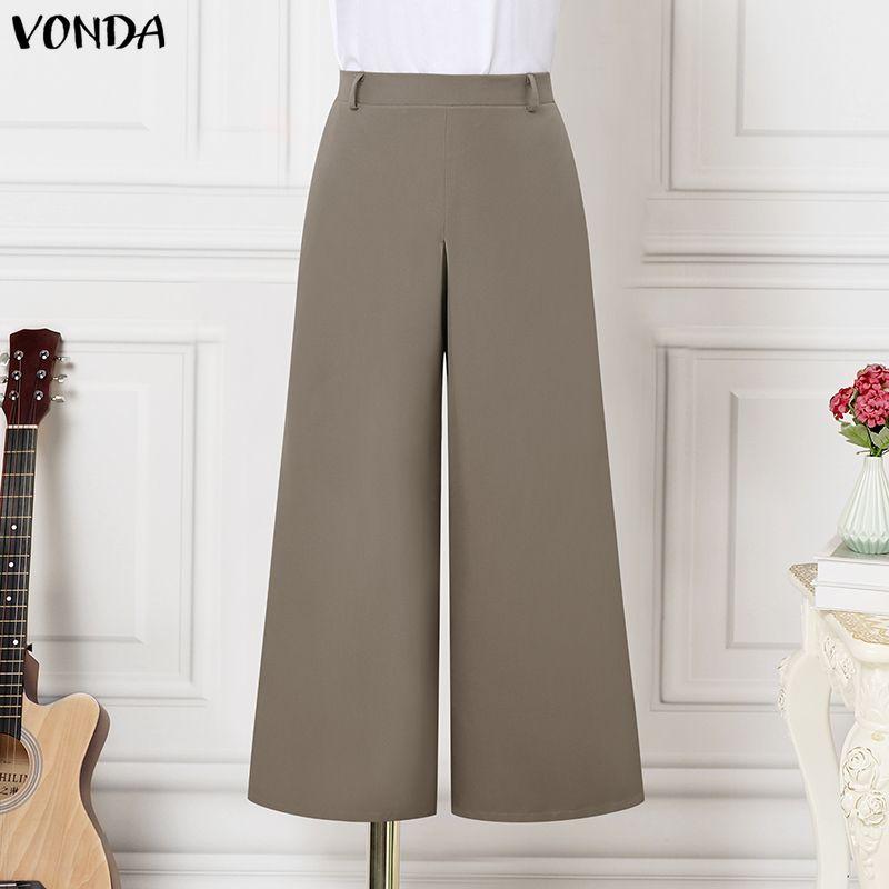 

VONDA Elegant Women Casual Back Elastic Waist Loose Wide Leg Pants Office Trousers S серый