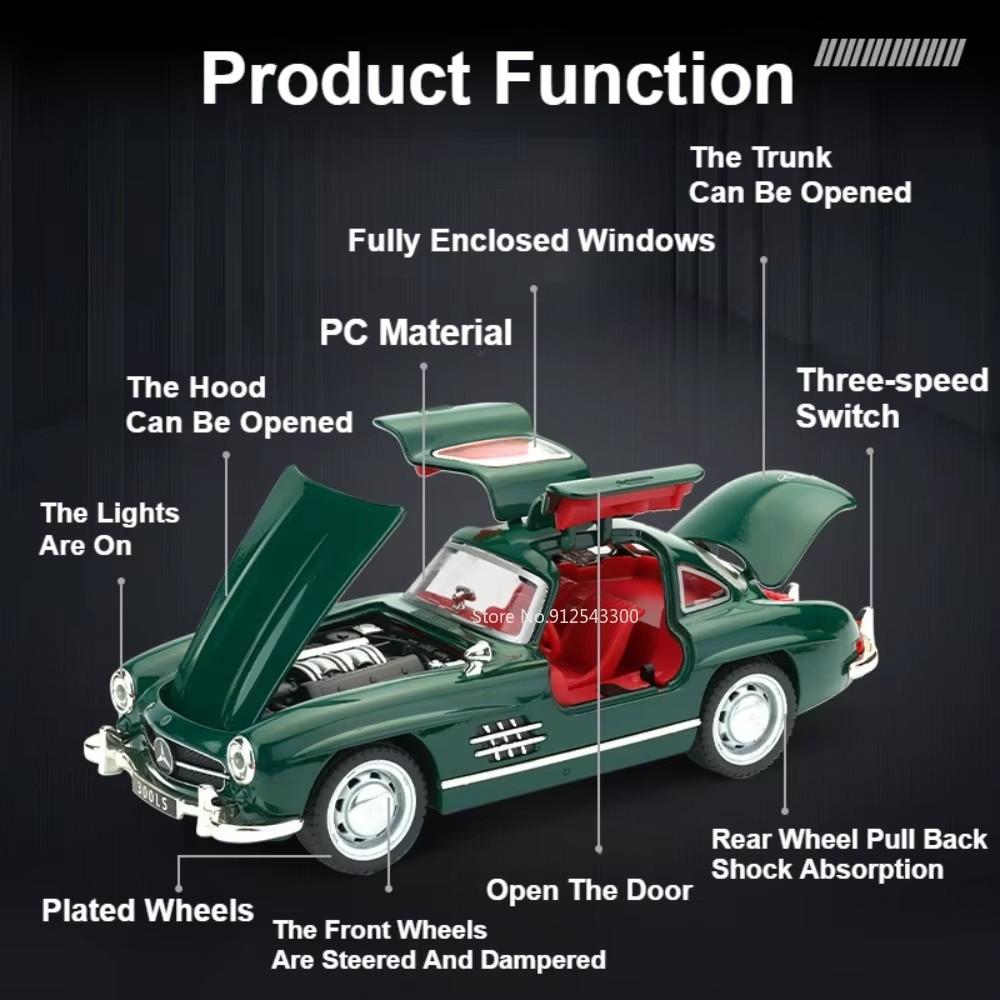 1:32 500K 300SL Vintage Car Model Toy Shock Absorption Alloy Diecast Vehicle Models Sound Light Pull Back Collection Kids Gifts