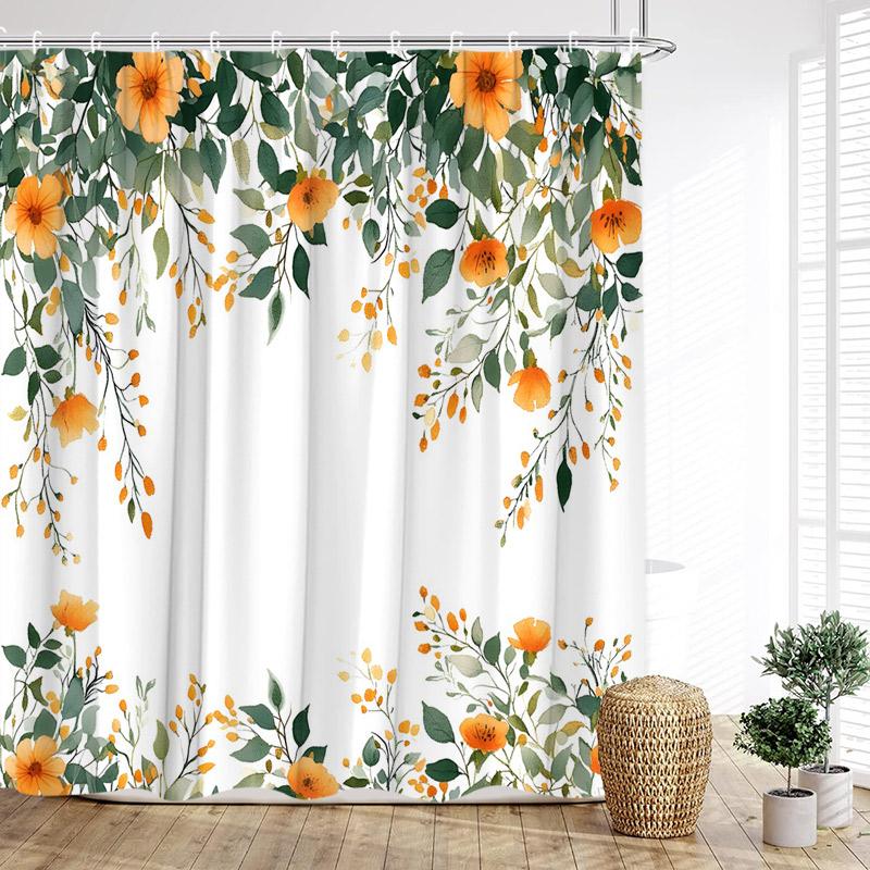 Colorful Floral Shower Curtain Watercolor Flower Leaves Modern Minimalist Bath Curtain Polyester Cloth Bathroom Decor with Hooks