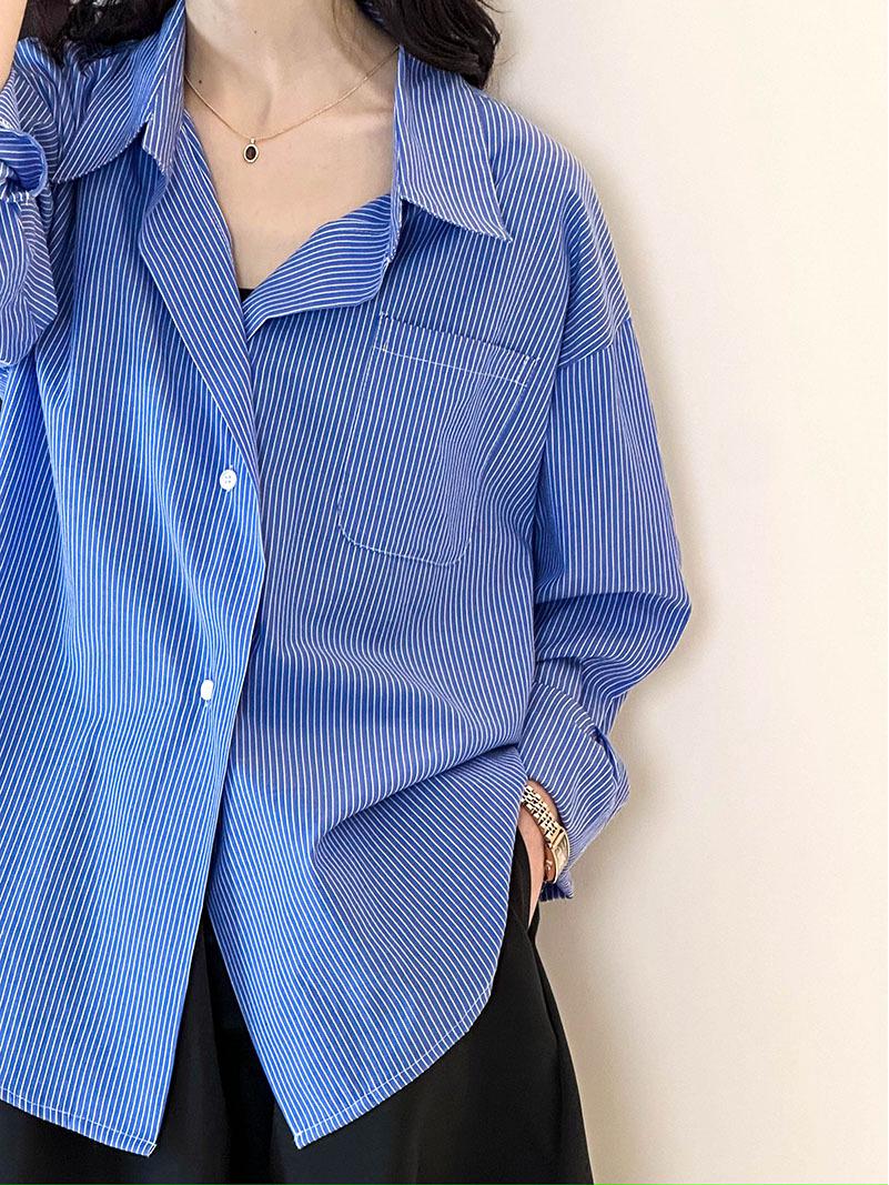 

Женская рубашка свободного кроя в синюю полоску Juzhi 2025 - корейский стиль, модный топ ранней весны Medium синий