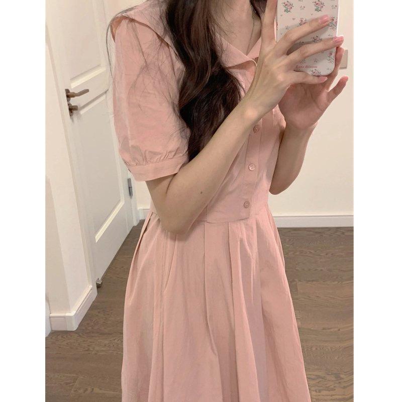 French Pink Doll Collar Summer Dress - Women's Loose Short Sleeve, Waist-Cinching, College Style.