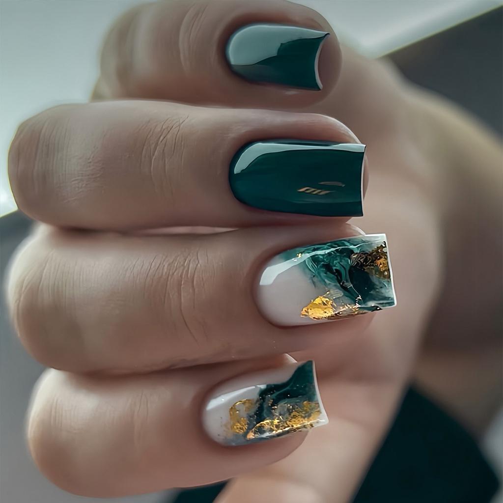 24 Stück Mittelgroße Quadratische Aufkleb-Falschnägel mit Kleber Schwarz Weiß Verwischend Französische Falschnägel Glitzer Goldene Pailletten Abnehmbare Nägel