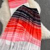 Women's Stand Collar Short Sleeve Striped Gradient High Waist Short Top Two Piece High Waist Pleated Skirt