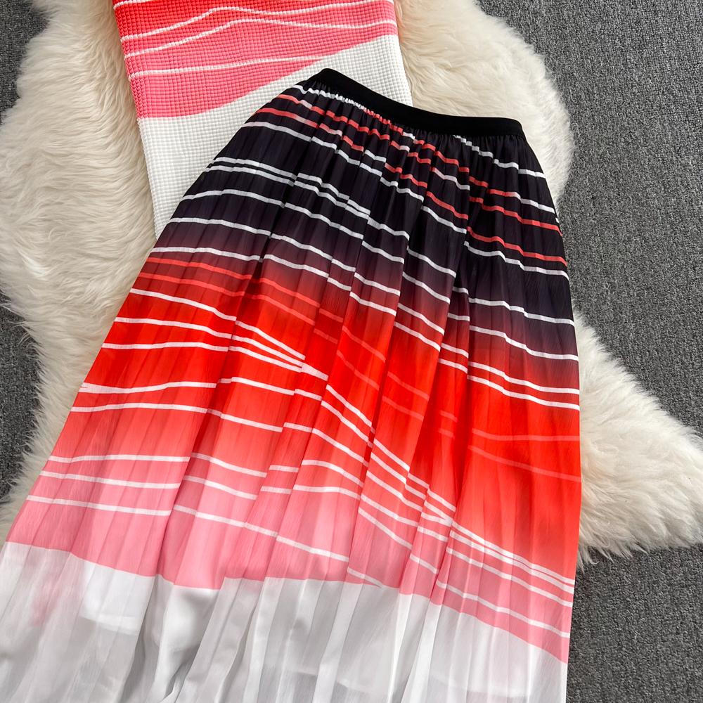 Women's Stand Collar Short Sleeve Striped Gradient High Waist Short Top Two Piece High Waist Pleated Skirt