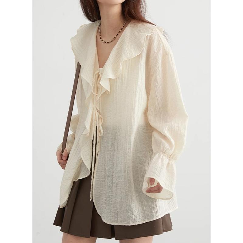 Frühlingsrüschen Schlagärmel Schnürung Vintage Lässige Hemden für Damen Mode Elegant V-Ausschnitt Lockere Blusen Damen Oberteile Slim Fit Einfarbiges Damenhemd 25999