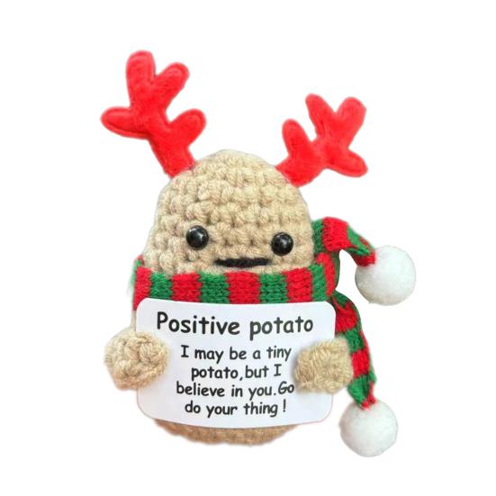 Positive Christmas Crochet Doll with Encouraging Card Emotional Support Handmade Knitting Santa Hat Potato Pickle Decoration Ornament Stress