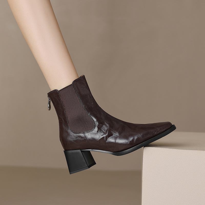 Krazing Pot Sheep Skin Square Toe Winter Med Heels Chelsea Boots Women Zipper Retro Fashion Leisure Ankle Boots