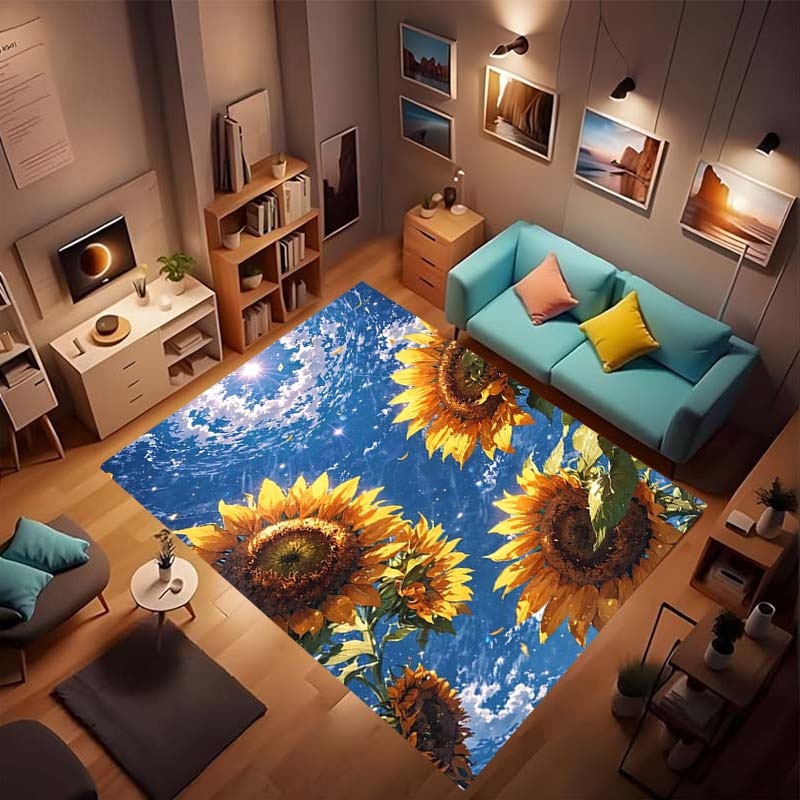 Customizable sunflower pattern non-slip rug, soft flannel, washable, non-slip backing, suitable for living rooms, bedrooms, bath