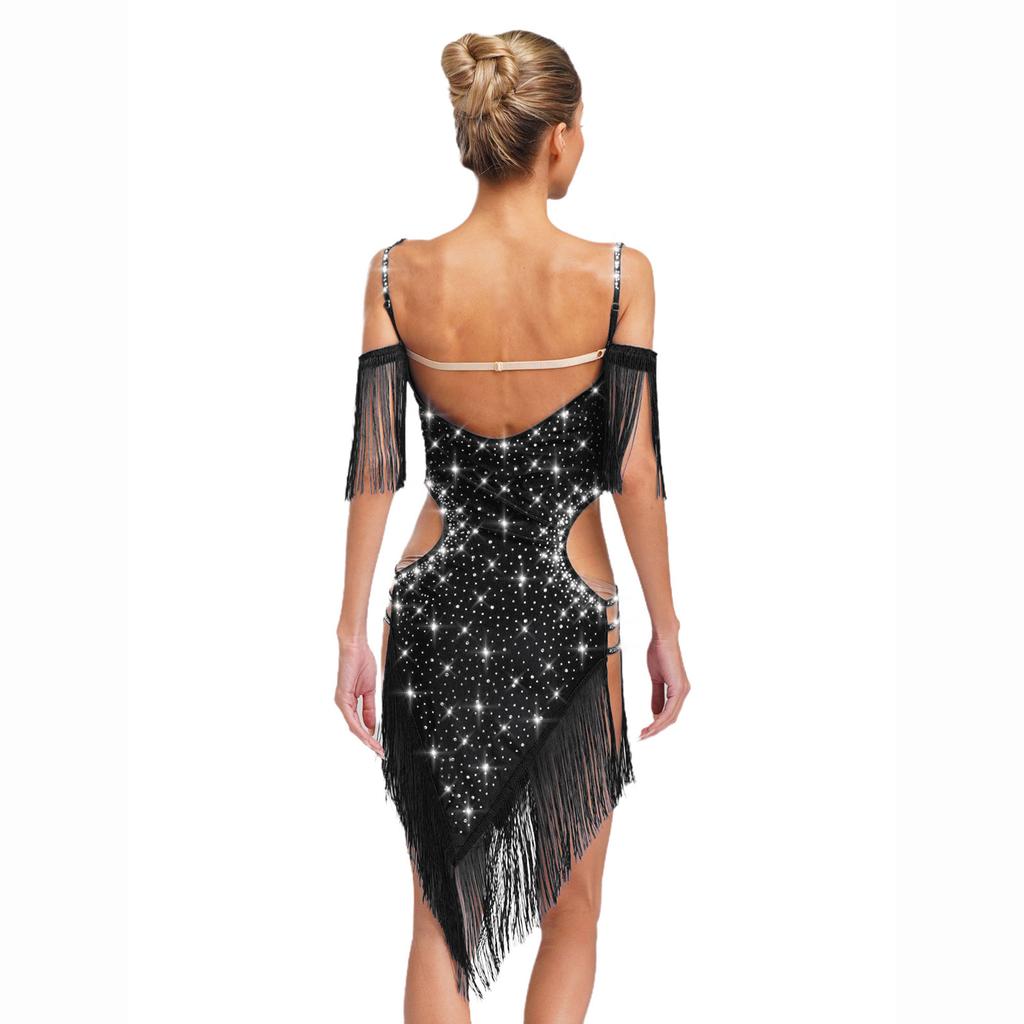 Womens Latin Dance Performance Costume Backless Cutout Design Spaghetti Straps Fringe Rhinestones Dress