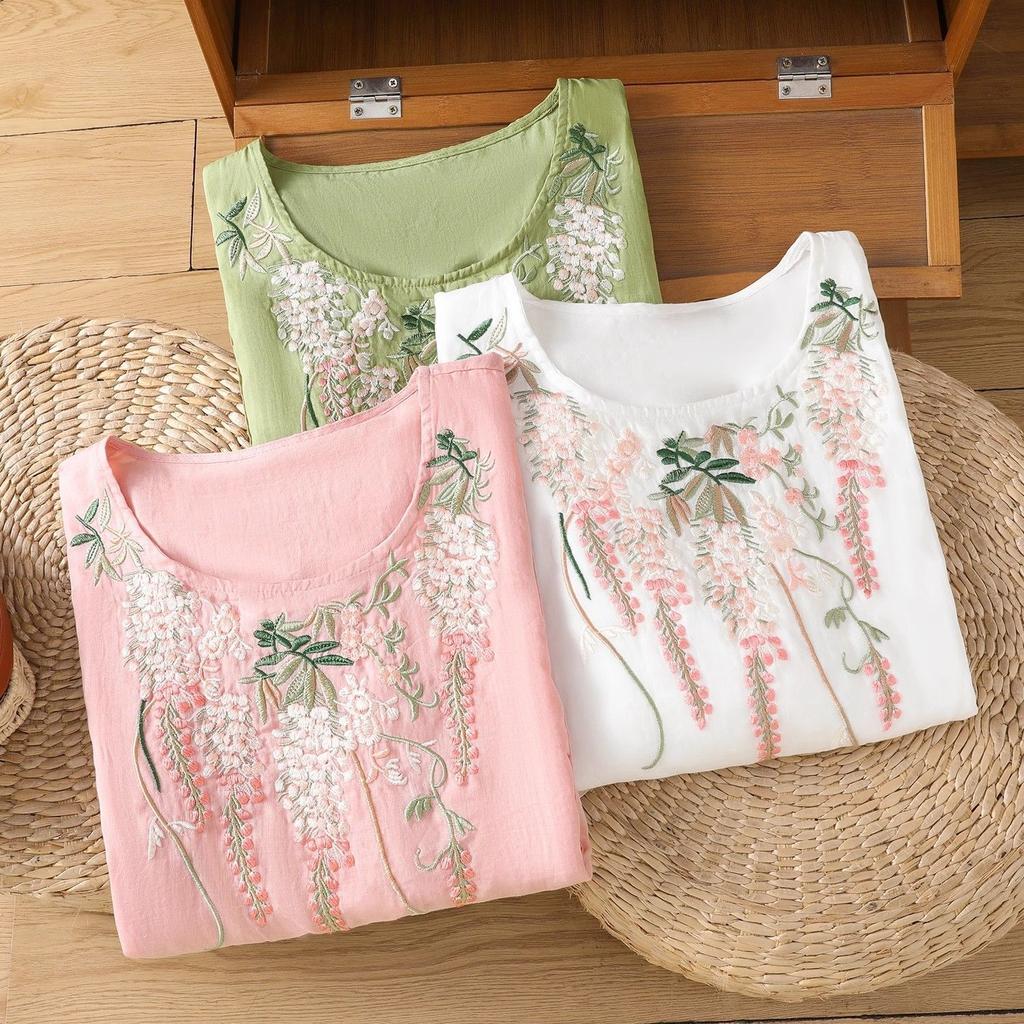Elegant Bomull Lös Sommarskjorta Ärm Rund Hals Broderade Toppar för Kvinnor Vintage Blusar