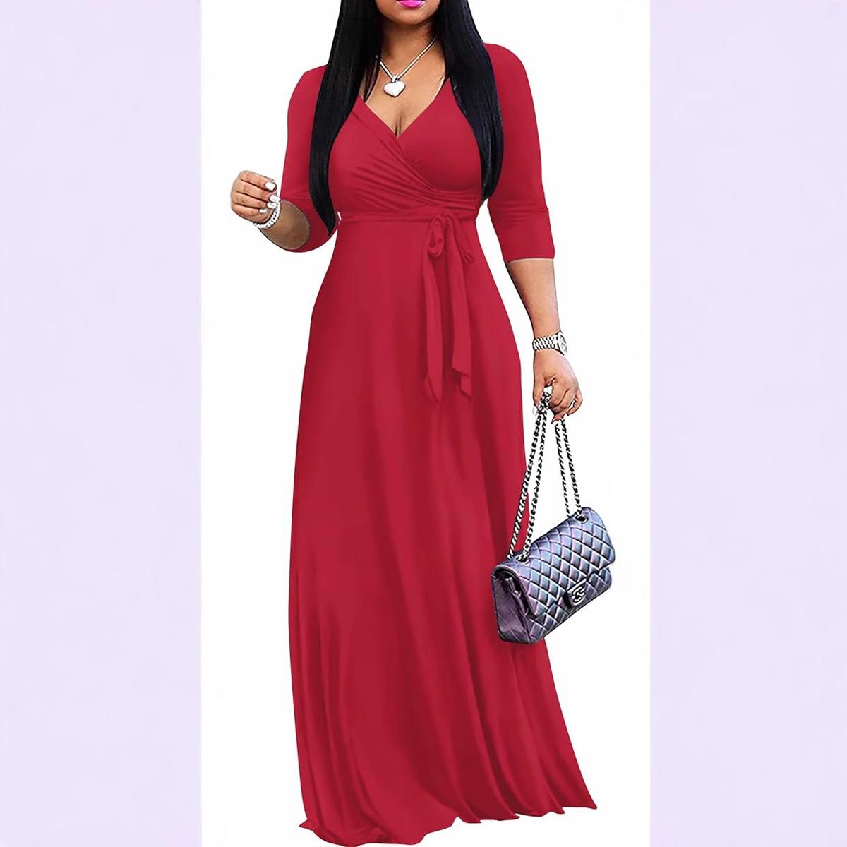 

European & American Women s Solid Color V-neck Belted Spring/Summer Dress L