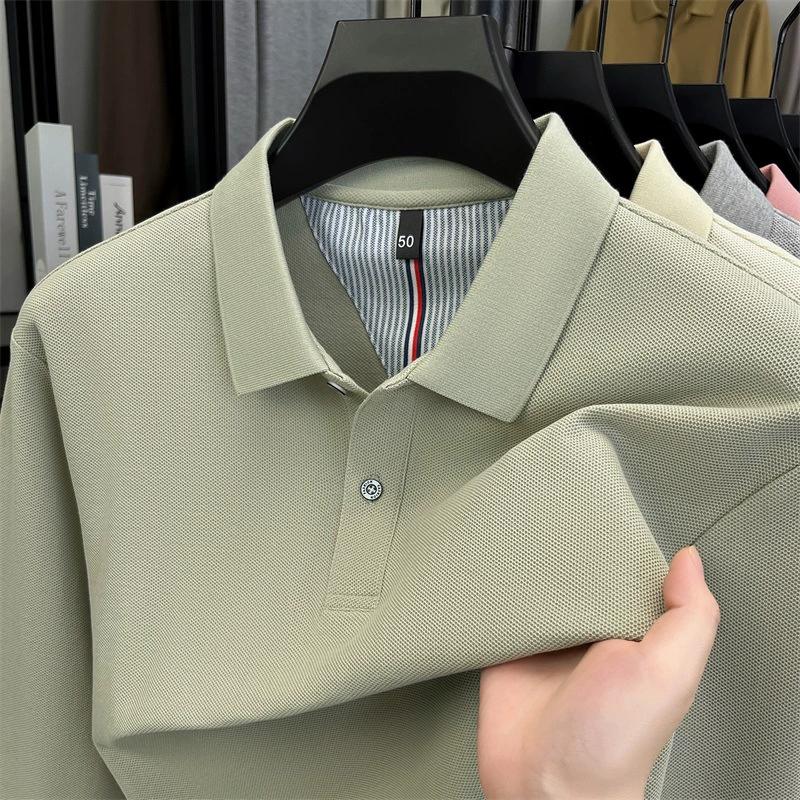 Spring Summer Men's Solid Color Cotton Polo Shirt - Long Sleeve Casual Top