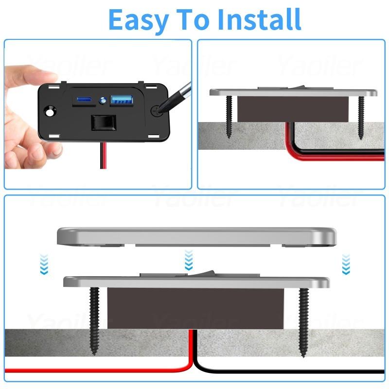 12V RV USB Outlet QC3.0 USB-A & PD USB-C Port Surface Mount Car USB C Charger Socket Panel with Switch for Car Marine Motorcycle