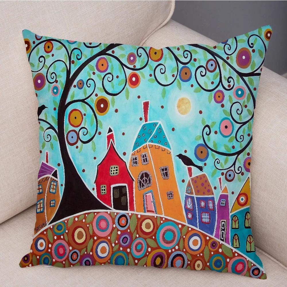 Colorful Cartoon Retro Rural Color Printed Pattern Home Cushion Cover Living Room Sofa Bedroom Decoration Pillowcase