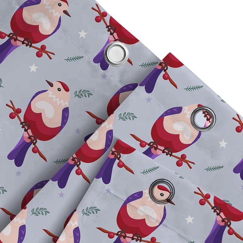 Christmas-Themed Shower Curtain Featuring Colorful Birds With Red Berries, Suitable For Bathroom Decor During Festive Seasons 3D
