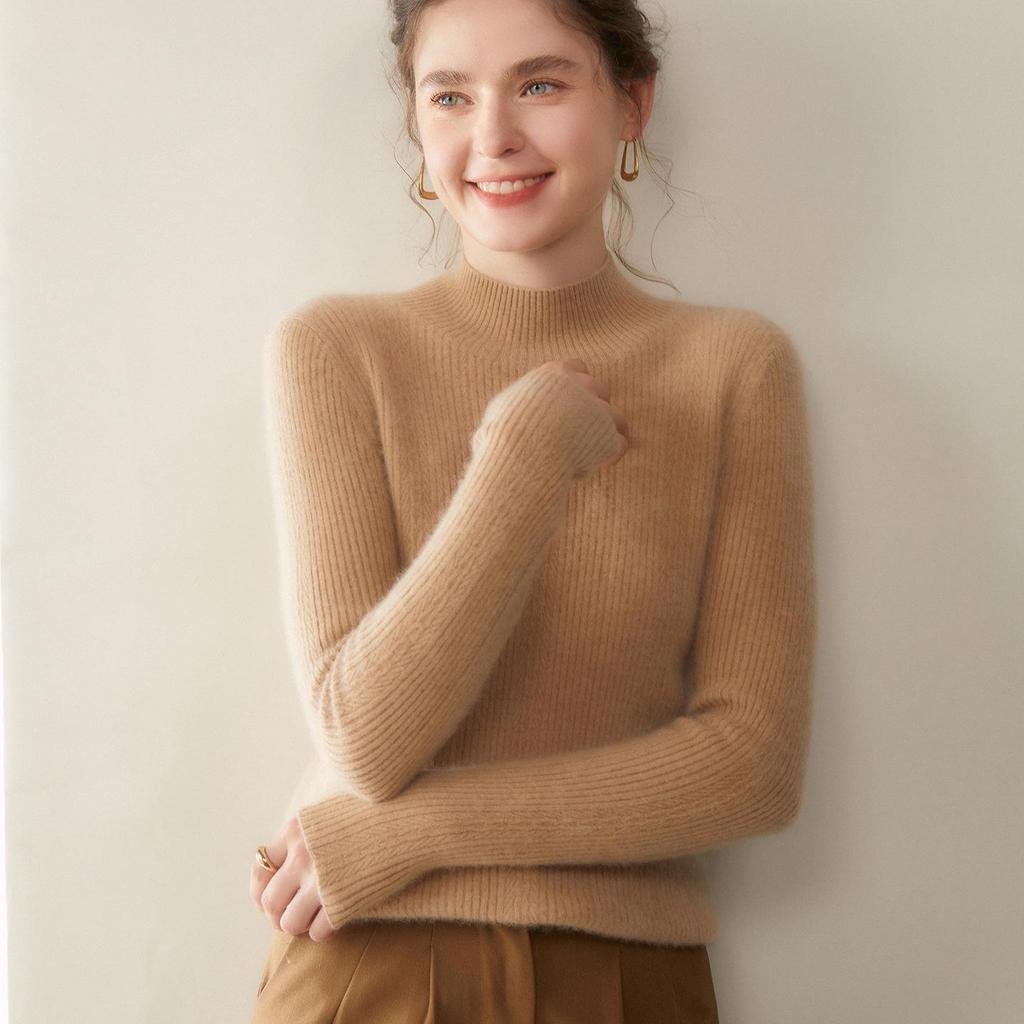 Damen Schlank Geschnittener Rippstrick Kaschmirpullover - Halber Rollkragen, Einfarbige, Perfekt für Herbst & Winter.