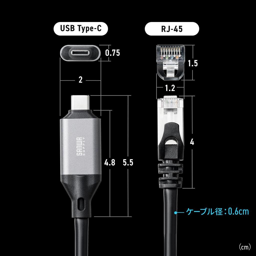 Sanwa Direct USB-C LAN Conversion Cable, 3m, Category 6, 1Gbps, MAC Address Pass-Through, Gigabit Ethernet Cable, Type-C To RJ45, 500-LAN6KC03
