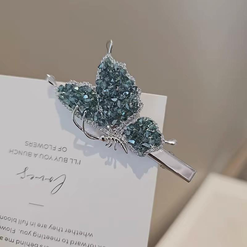 Handmade Crystal Butterfly Hair Clip Women Side Bangs Accessory Duckbill Lightweight Elegant Headwear Emerald Green