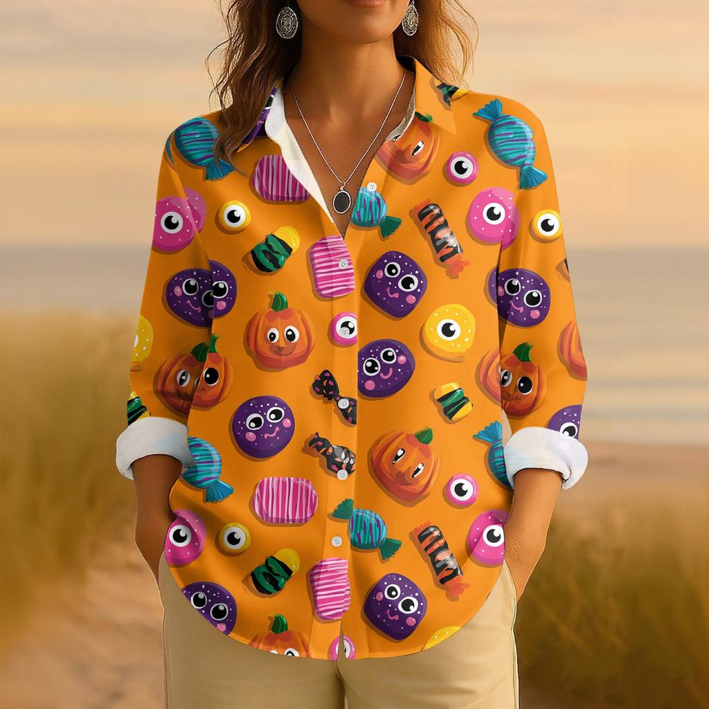 Dámská retro halloweenská potištěná košile s dlouhým rukávem na knoflíky, ležérní top s klasickým límečkem