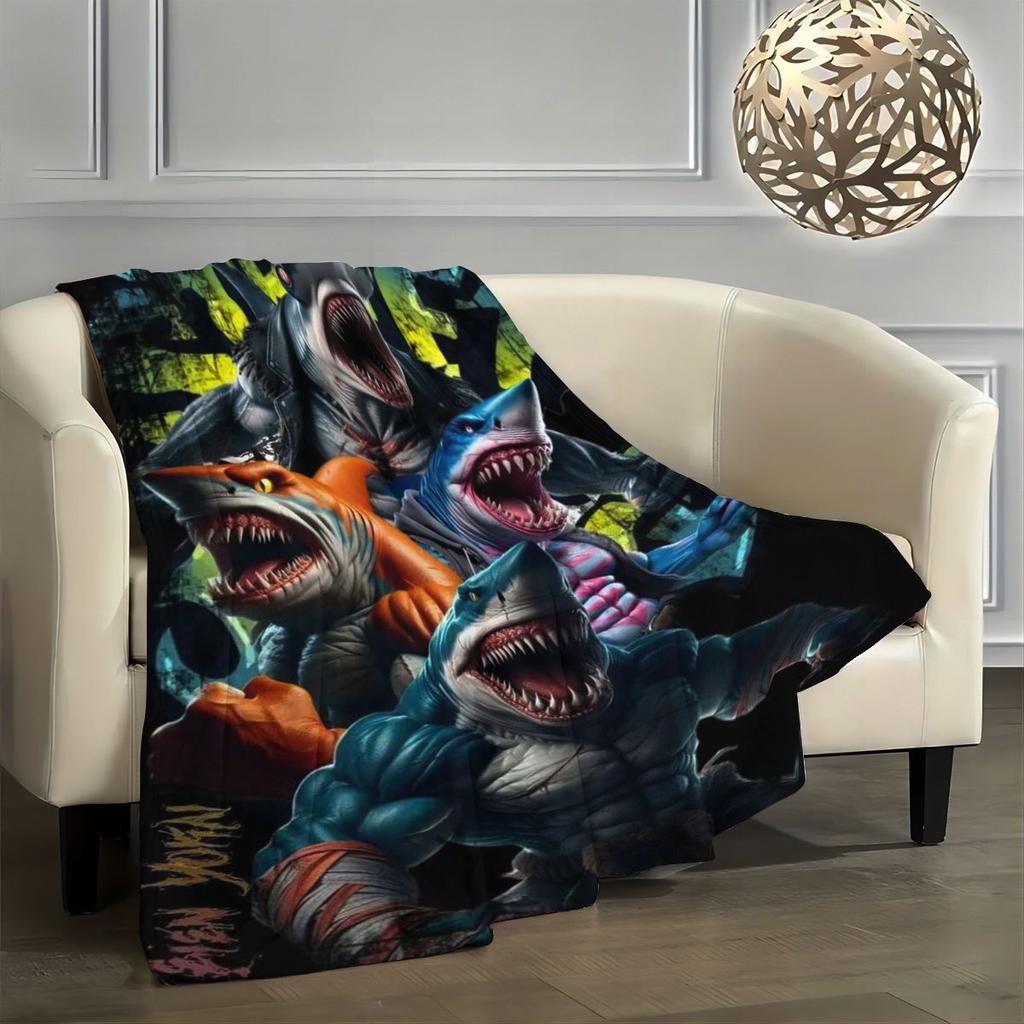 Fierce Muscular Shark Pattern Flannel Printed Blanket Suitable for All Seasons Suitable for Living Room Office Sofa and Travel
