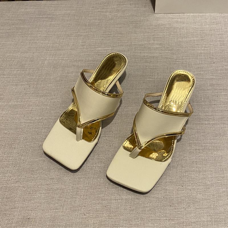 

Fashion Fashion Square Toe Heeled Flip Flops Women Luxury Thong Slipper Sandals Ladies Brand Design Elegant Summer Party Shoes 35