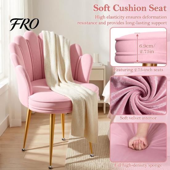 Living Room Accent Chair Velvet with Golden Metal Legs, Shell-shaped Backrest Vanity Armchair Armchair, Upholstered Guest for Home, Office