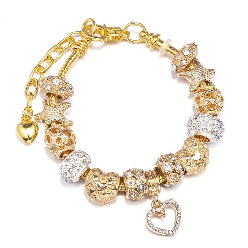 

Women DIY Alloy Large Hole Bead Bracelet Gold Plated Zircon Beads European Jewelry 21cm