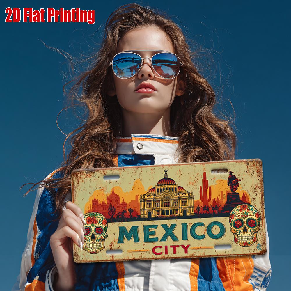 D Flat Vintage Aluminum Sign Decorative Mexico City Aluminum Sign with Palace and Skull Design Perfect for Home Bar