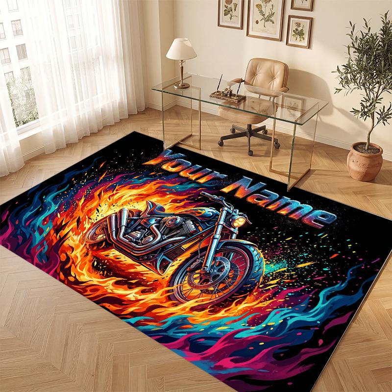 Motorcycle Biker Theme Soft Crystal Velvet Rug Custom Name & Text Print Non Slip Floor Rug for Bedroom Living Room