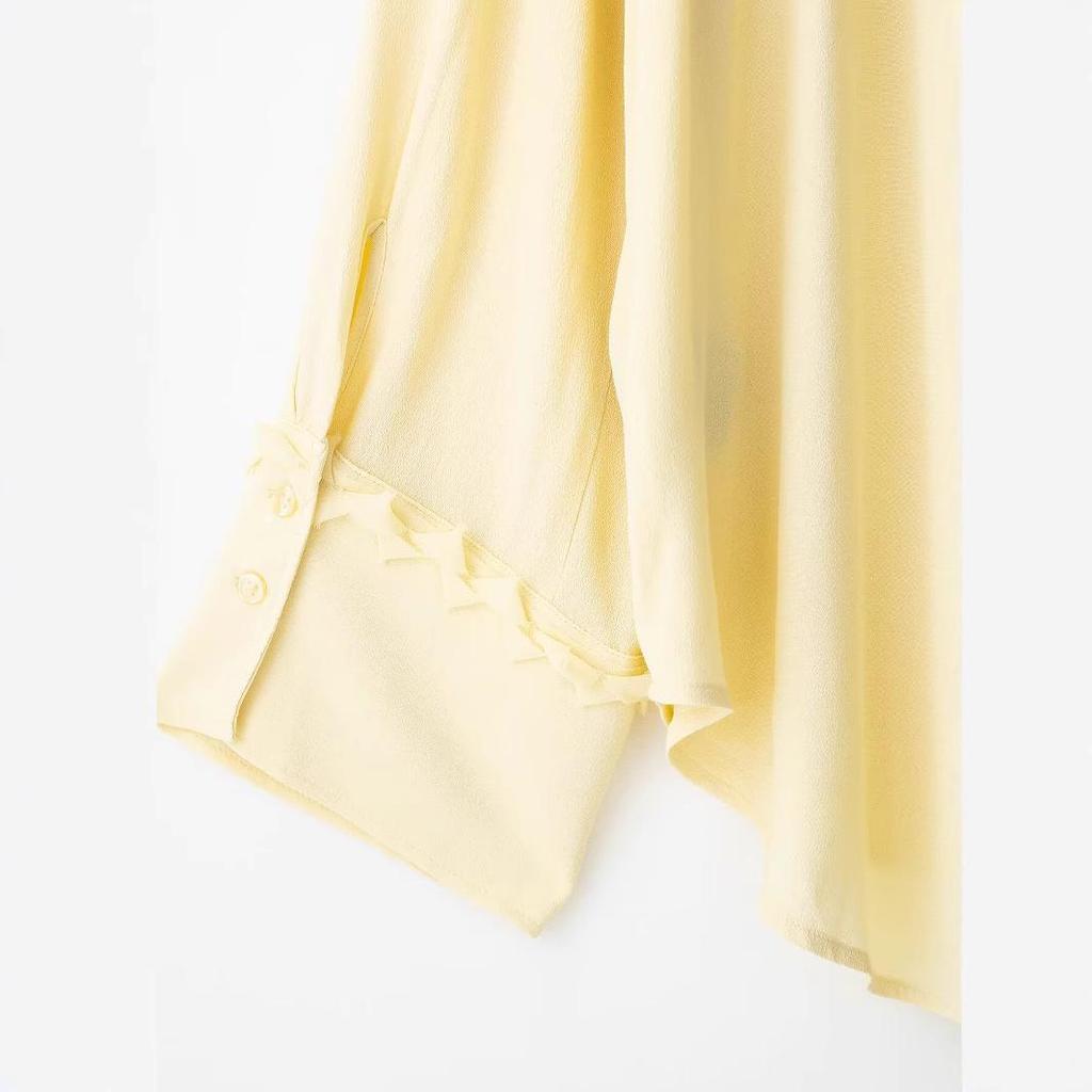 European & American Women's Spring 2025 Elegant Light Yellow Deep V-Neck Pleated Lace Shirt